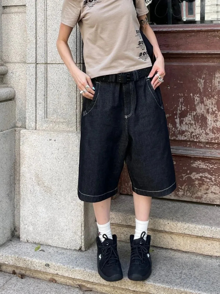 HOUZHOU Vintage y Y2k Jorts Women Hip Hop Style Baggy Denim Shorts Grunge Streetwear Black Wide Leg Knee Length Shorts 250604