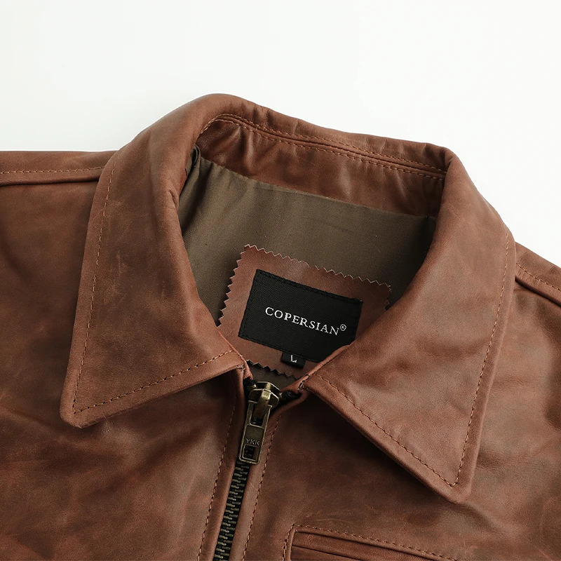 First Layer Cowhide Waxed Leather Tuxedo Motorcycle Leather Jacket Mens Biker Jacket Slim Lapel Short Coat 250530