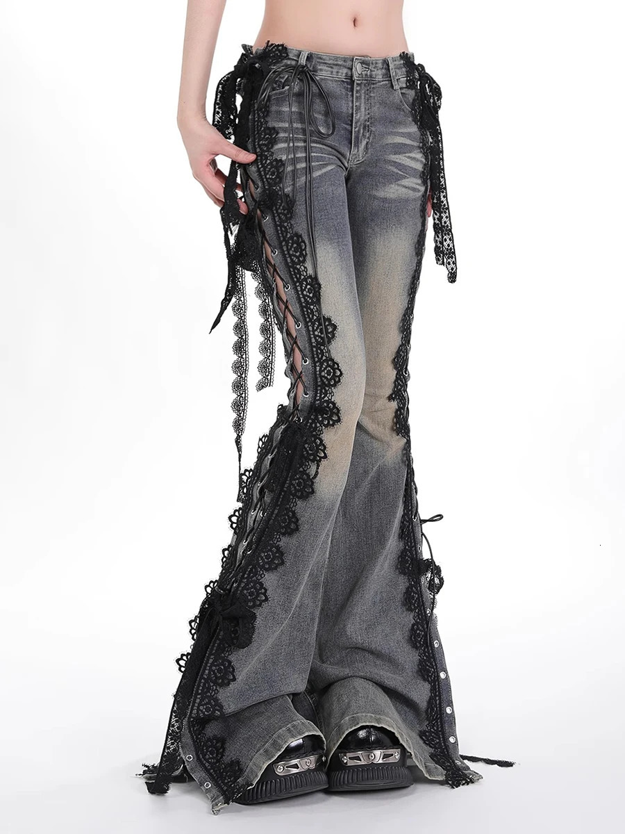 REDDACHiC Split Lace Up Flare Jeans with Liner Shorts Women ICON Street Do Old Stretchy Low Waisted Pants Retro Y2k Bell Bottoms 250604