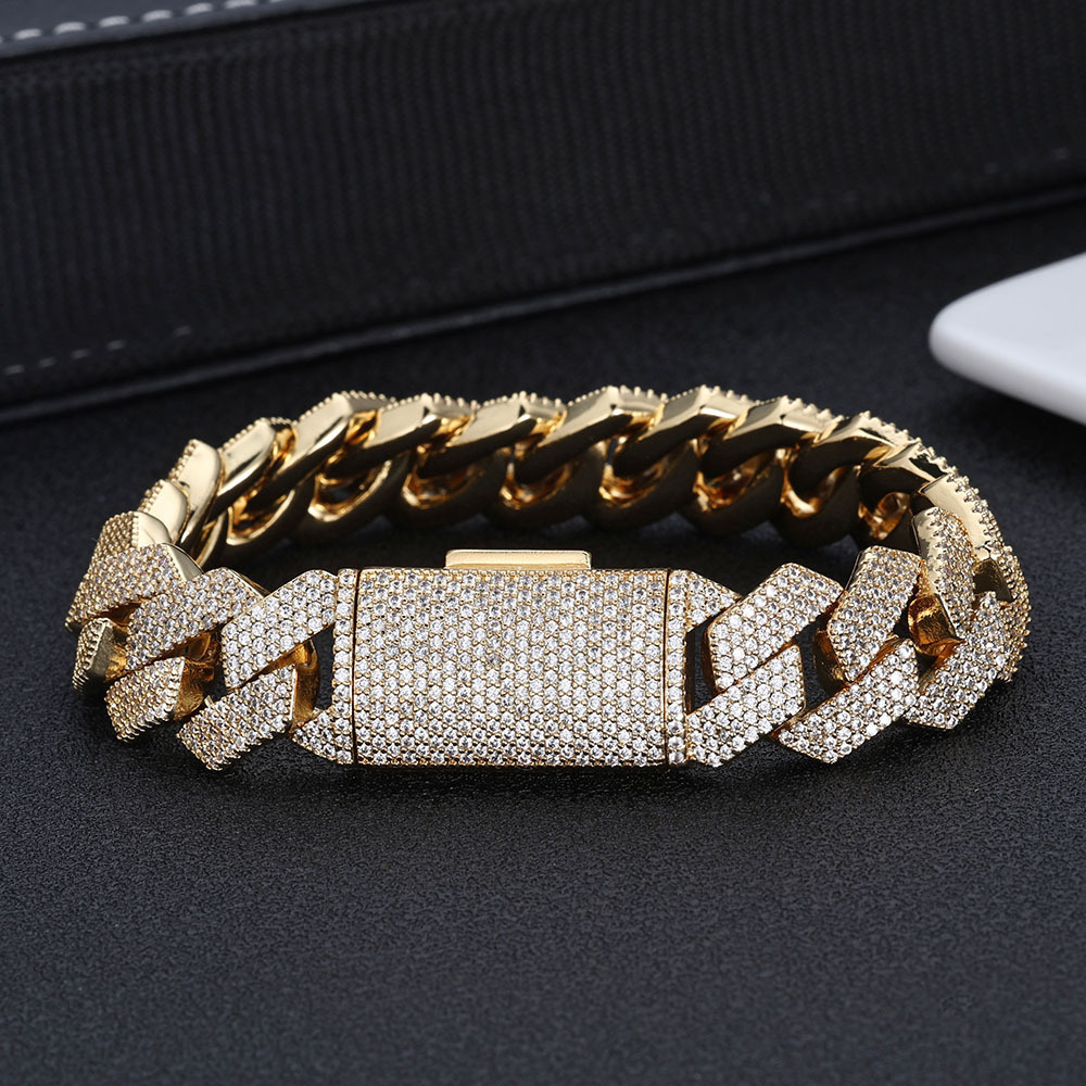 Hip Hop 15mm Four-Row Inlaid Diamond Rhombus Cuban Chain Personality High-End Mens Bracelet