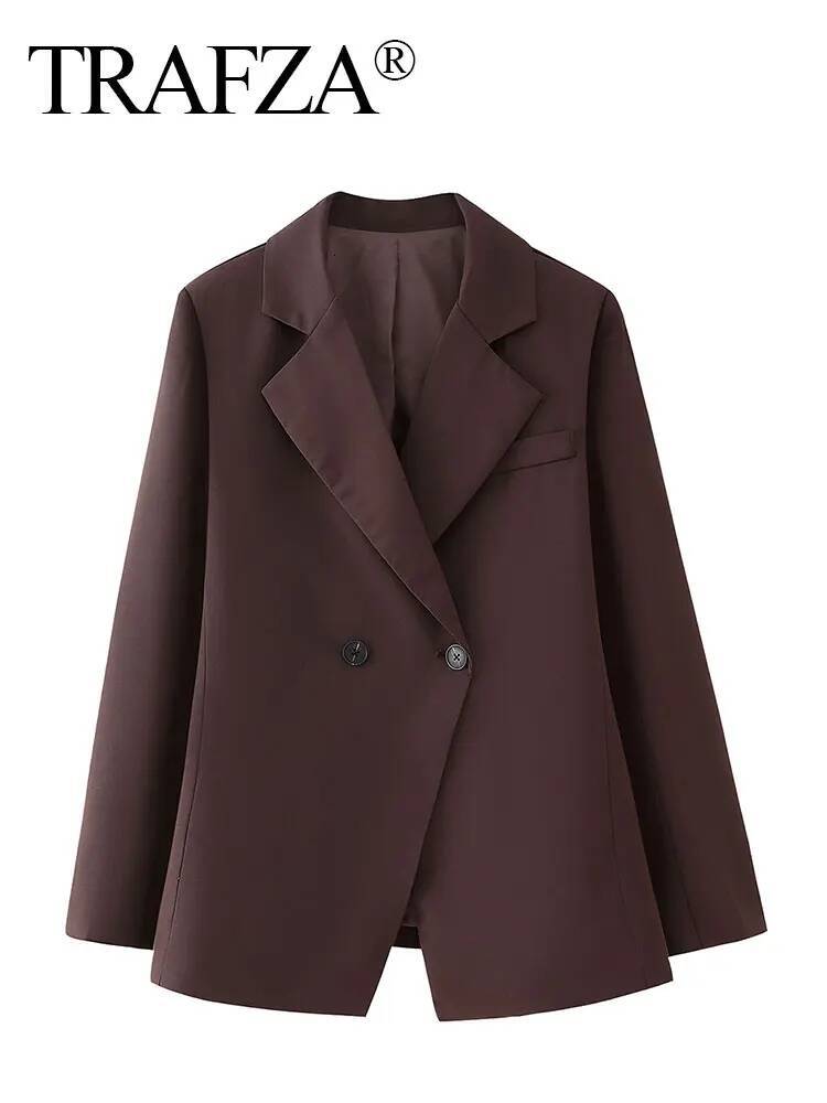 TRAFZA Women Elegant Solid Lapel Two Buttons Suit Jacket Fashion Long Sleeve Slim Short Coats 2025 New Casual Office Lady Blazer