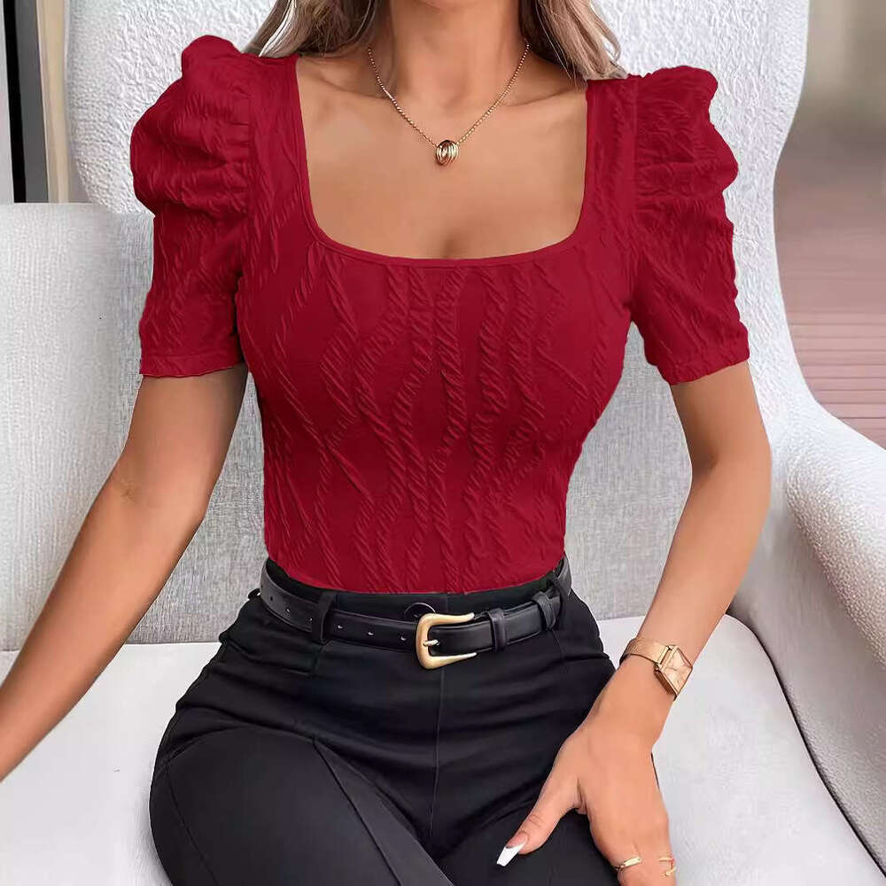 Waist-Cinching Casual Short Textured Leg-Of-Mutton Sleeve T-Shirt B5