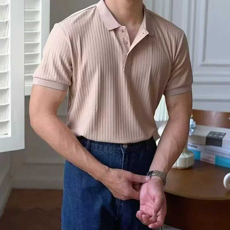 Mens Casual Vintage Comfortable Lapel T-shirt Knitted Top 2025 New Summer Men Trendy Striped Solid Color Short Sleeve Polo Shirt XJ250605