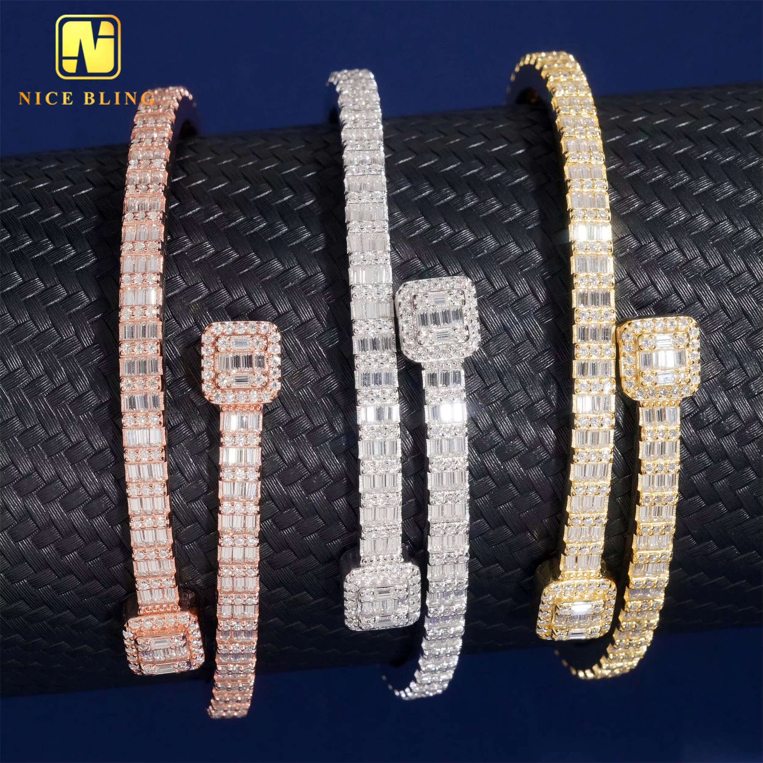 3MM VVS Baguette Moissanite Bangles 925 Silver Trendy Jewelry Adjustable Moissanite Diamond Bangles for Men Women