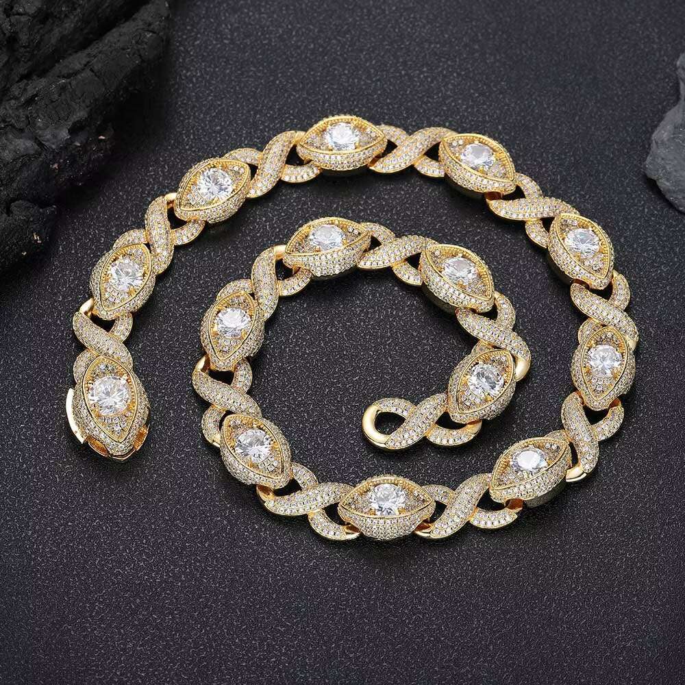 15mm Hip Hop Jewelry Iced Out Cuban Chain Big Diamond Eye Shape Silver Cuban Infinite Links Choker Necklace for Women