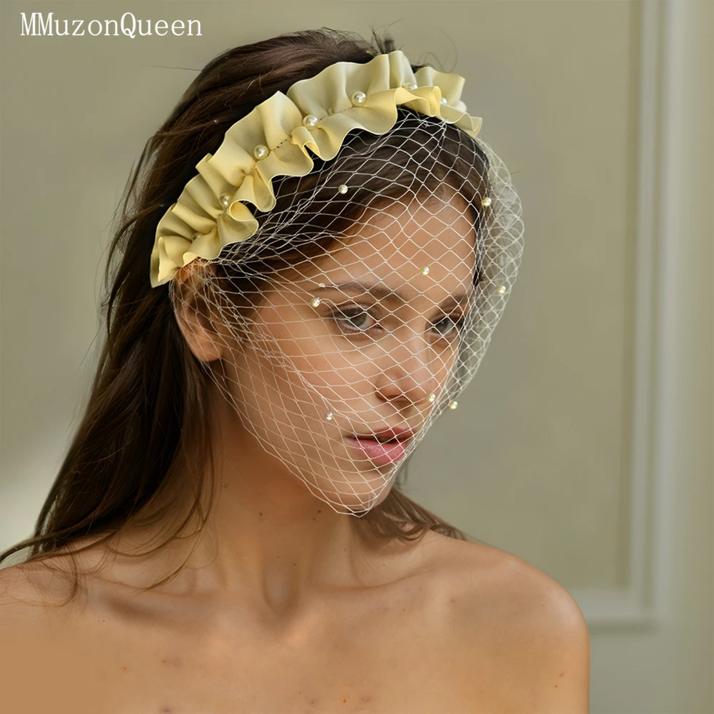MMQ Women Veil Fishbone Line With Headband Pearl Bridal Hair Accessories Vintage Po Accessory MA11 250530