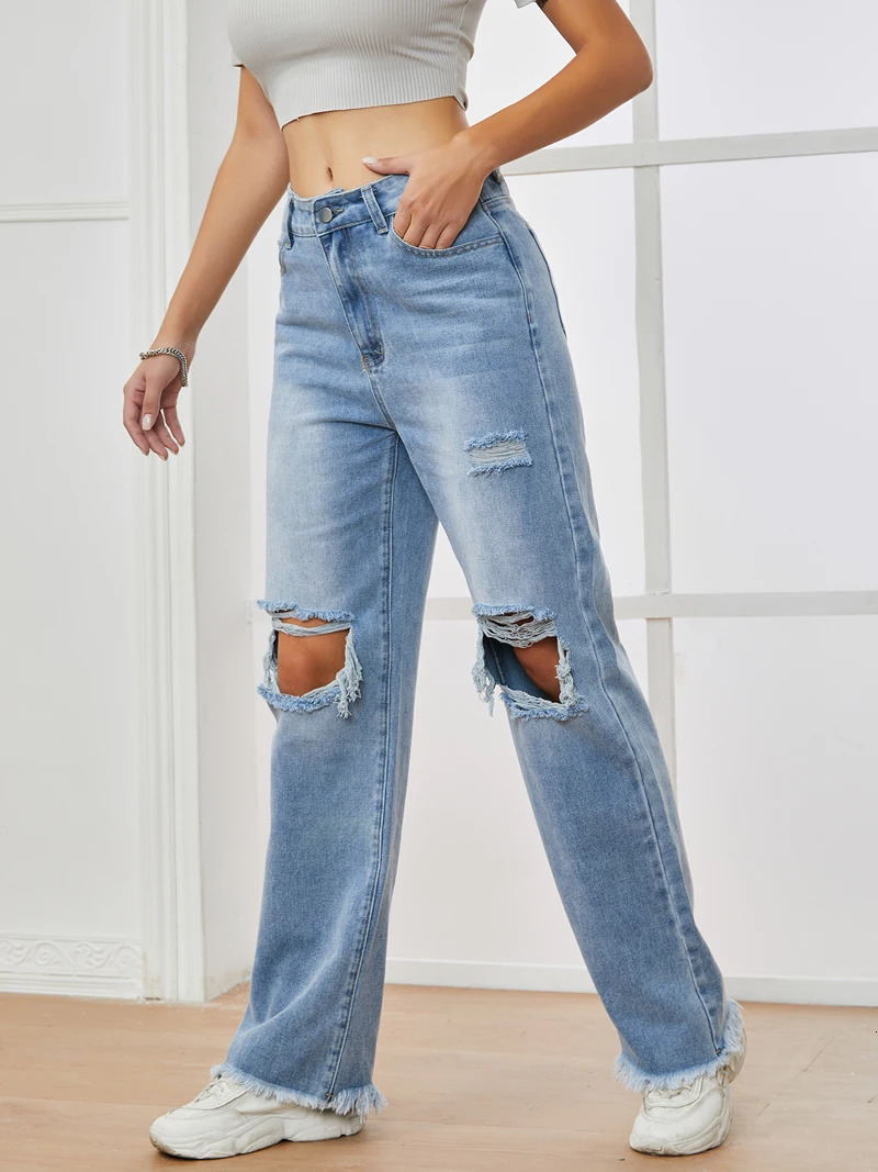 Ripped Jeans for Women Fashion Hole High Waisted Vintage Streetwear Loose Y2k Pants Full Length Jeans 250604