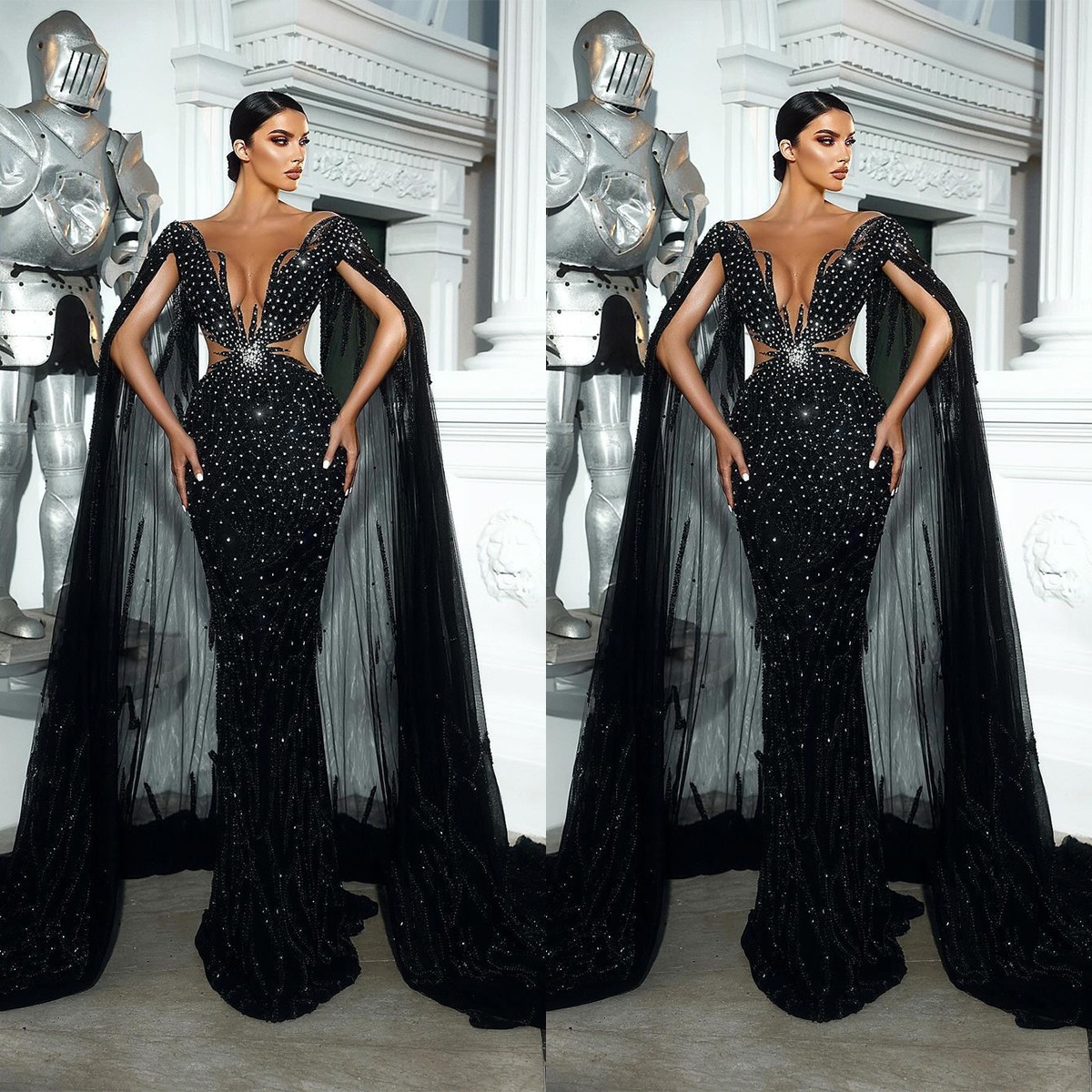 Luxury Black Beaded Mermaid Evening Dresses with Cape Deep V Neck Special Occasion Dresses Plus Size Formal Guest Dresses Party Ball Gowns