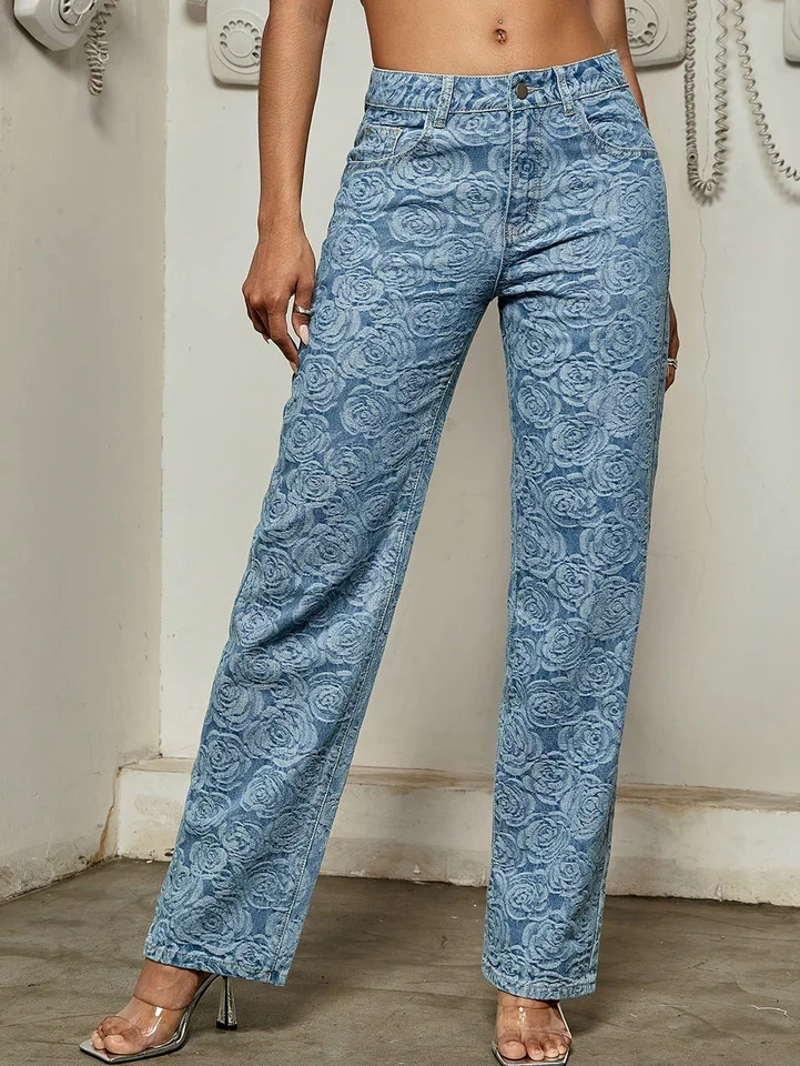 Womens Denim Pants Casual Loose Vintage Floral Summer Spring Blue High Street Flower Blossom Office Lady Fashion Jeans 250604