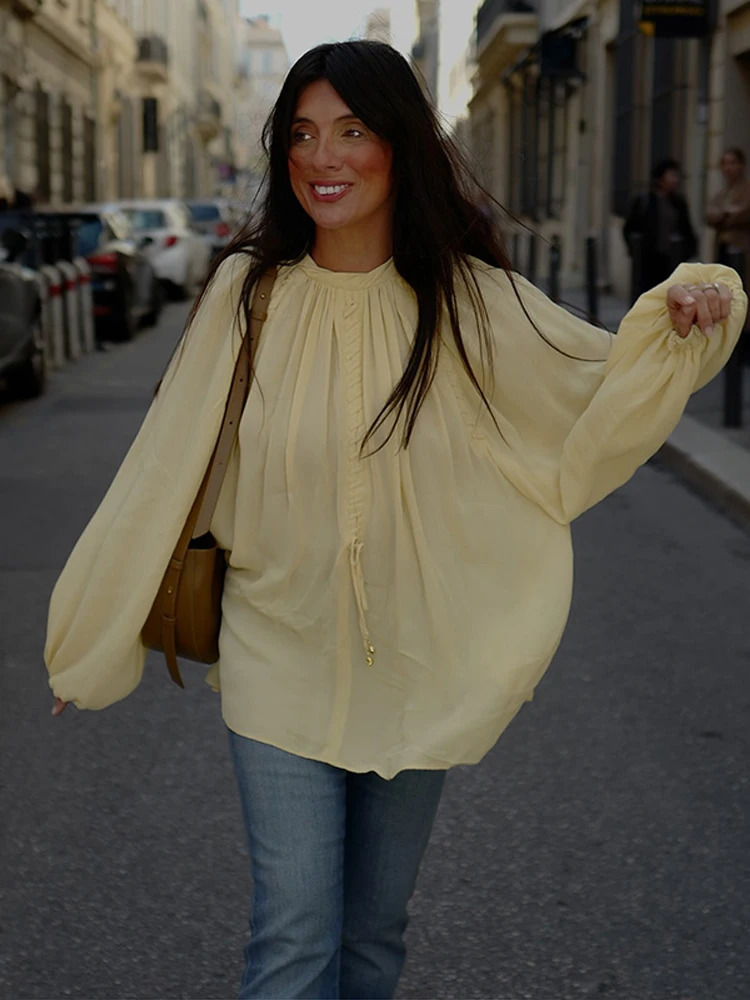 VNeck Lace Up Solid Color Shirt Woman Casual Set Pleated Loose Waist Cinching Skirt Chic Elegant Versatile Baggy Womens Suits 250605Z