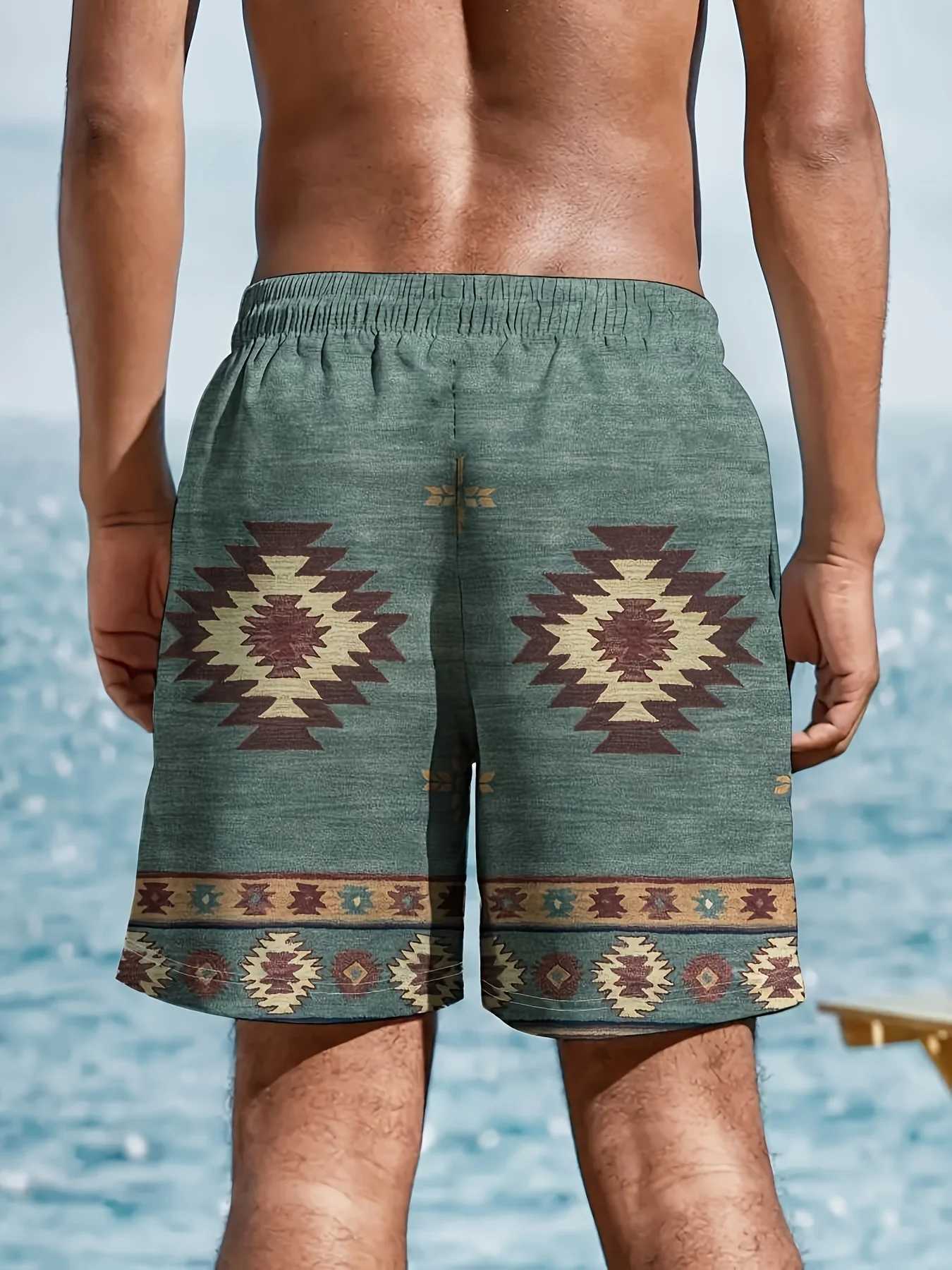 Summer Mens Regular Version Polyester Geometric Print Beach Shorts Suitable for Vacation and Daily Wear Swimming Shorts XJ250605