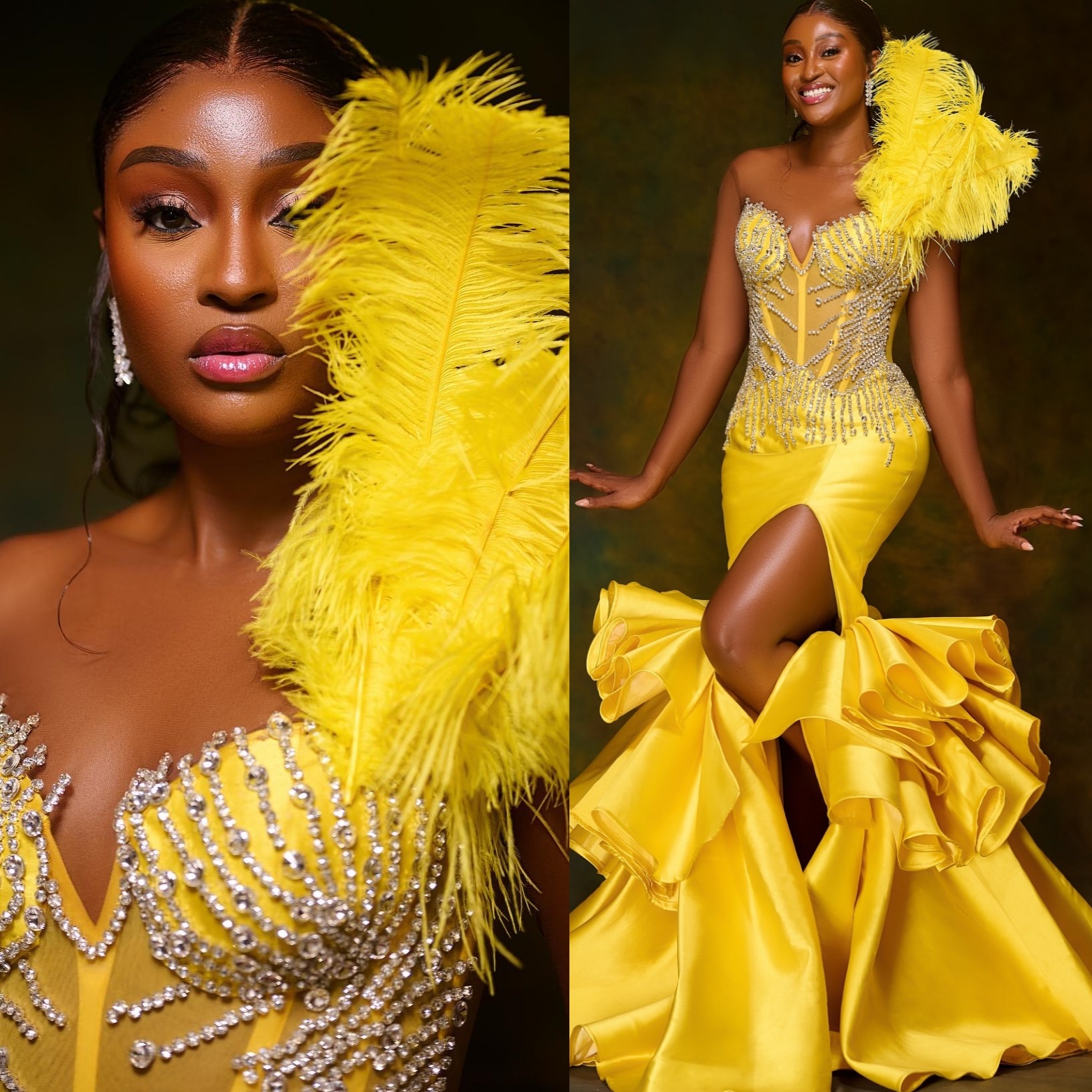 Yellow Mermaid Prom Dresses 2025 Feather Crystals Satin Tiers Evening Formal Party Second Birthday Engagement Gowns Plus Size Dress For Special Occasi