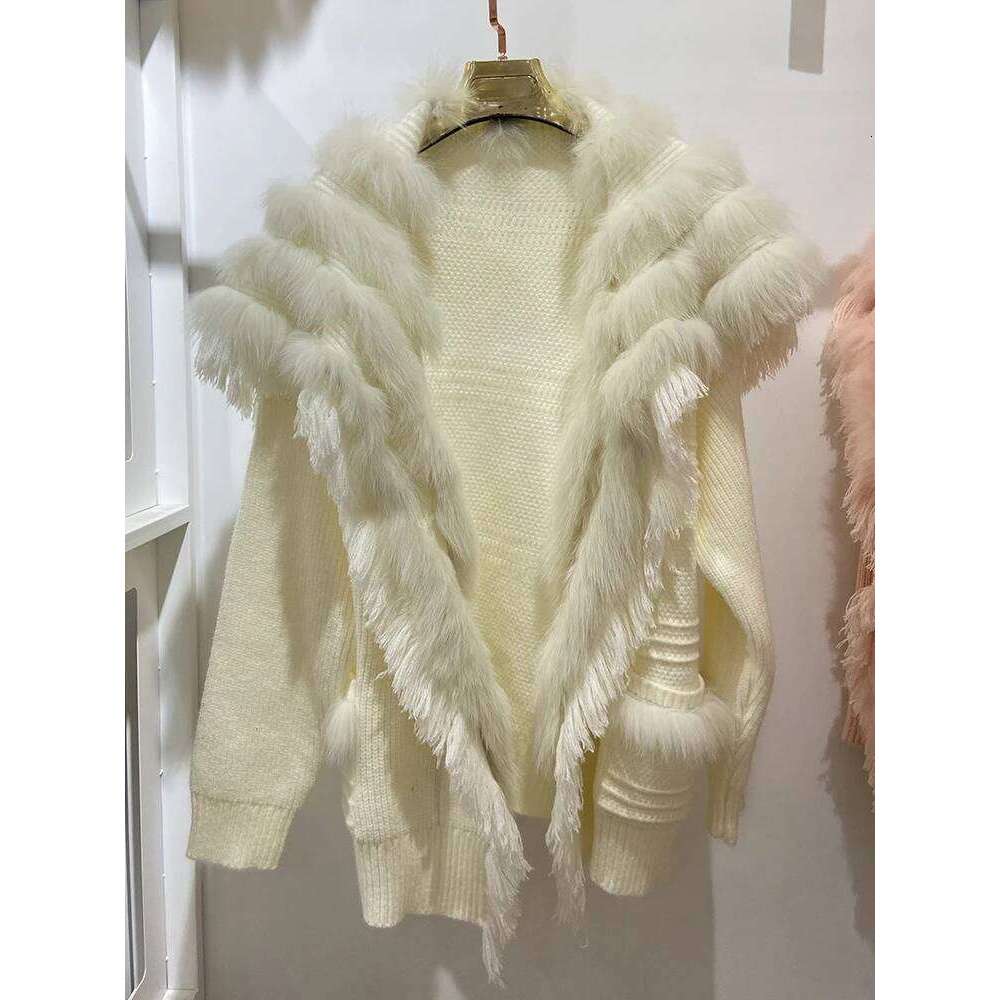 Women Autumn Real Knitting Oversize Fox Fur Decoration Lady's Fashion Cardigan Sweater Coat