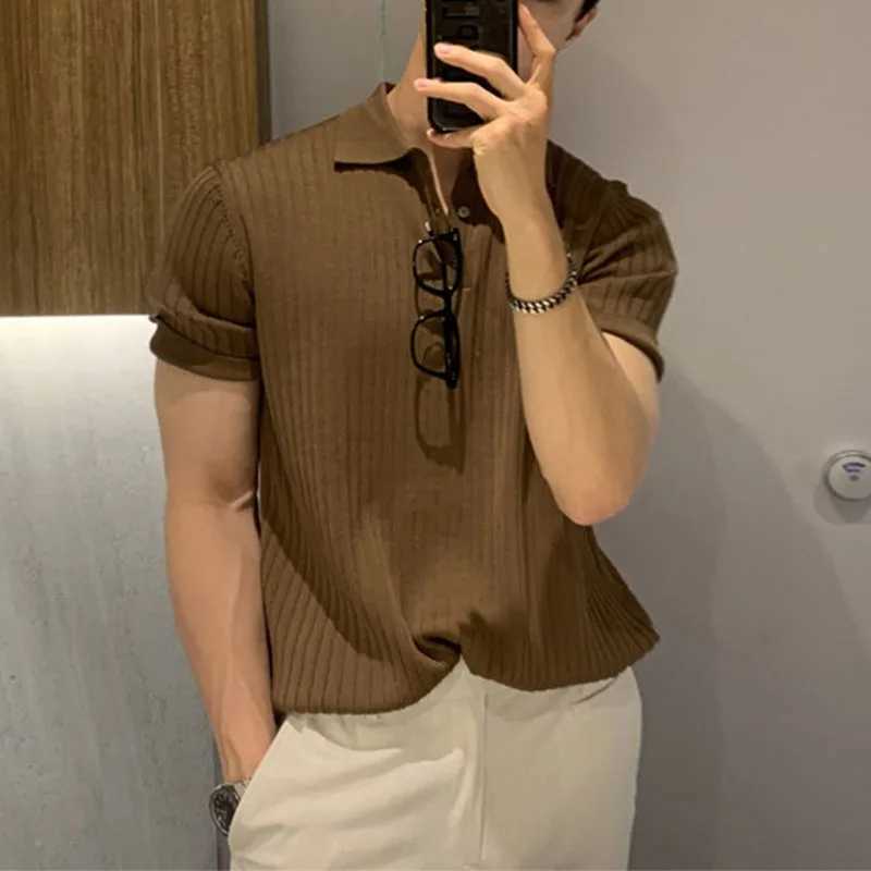 Lapel Polo Shirt Short-sleeved Mens Trendy Brand Loose Casual Summer Thin Solid Color Knitted Sweater T-shirt Base Shirt XJ250605