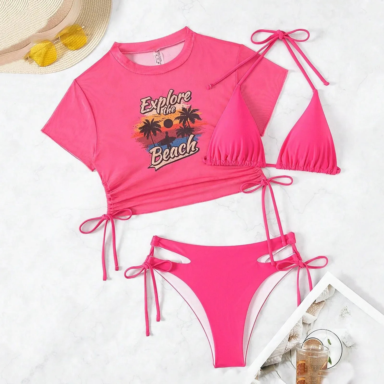 In Matching Sets WomenS European And Fashion Bikini Split Print Three Piece Net Red Sun Screen Binding Beach swimwear 250604