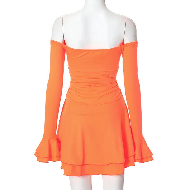 Spring Solid Color Womens Dress Slim Fit One Shoulder Backless Flared Sleeve Slimming Temperament 250604