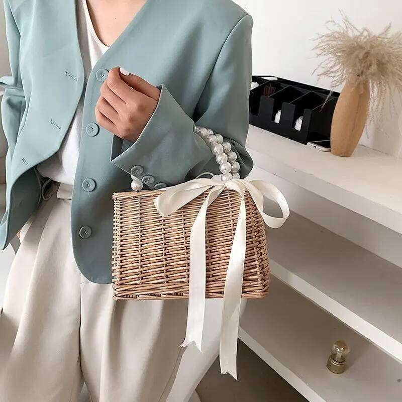 Casual Pearl Handle Women Handbag Summer Quality Rattan Handmade Tote Fashion Shoulder Bags Ribbon Bow Women's Bag