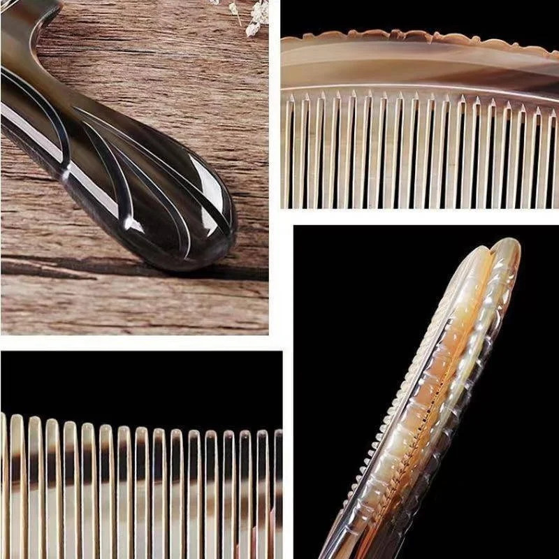 Natural Buffalo Horn Comb Fine Teeth Anti Static Massage Hair Comb with Thickening Round Handle for Head Health 250603