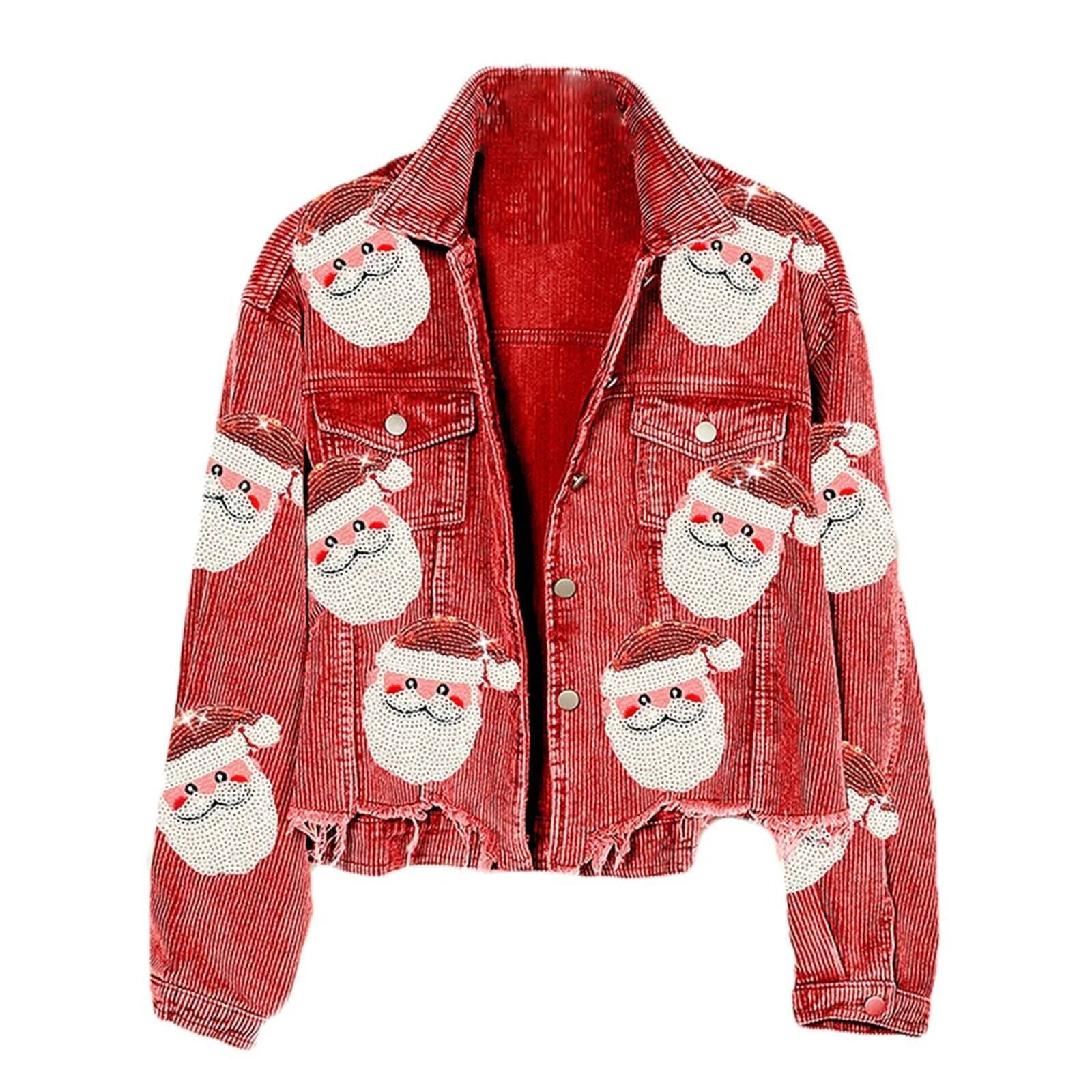 Sequined Santa Claus Vintage Single Breasted Christmas Corduroy Jackets Retro Coats Chaqueta Navidad Mujer