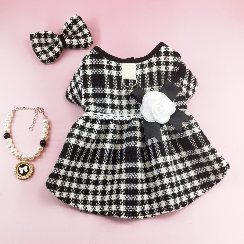 Dog Dress, Luxury Bow Princess Dresses for Girl Dogs Cute Fashion Plaid Pet Skirt with Necklace Hairpin Flower, Cat Puppy Clothes Wedding Party Outfit