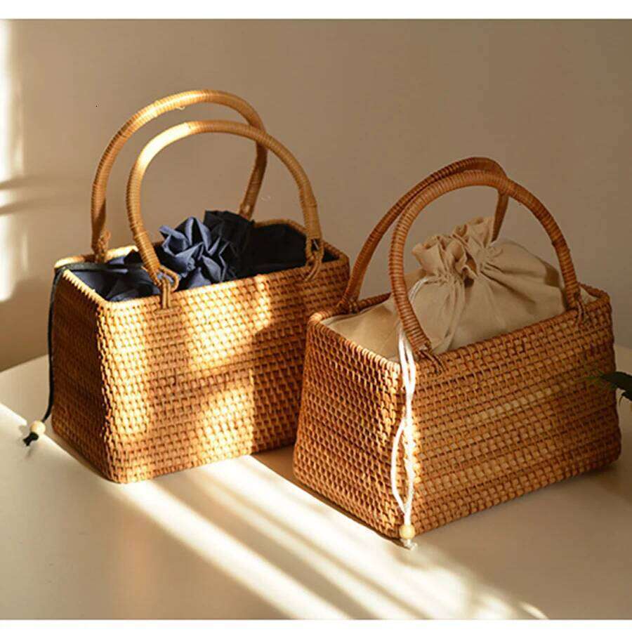 Rattan Basket Handbags Women Hollow Out Handwoven Drawstring Top-Handle Bag Summer Beach Female Storage Clutch Travel Totes