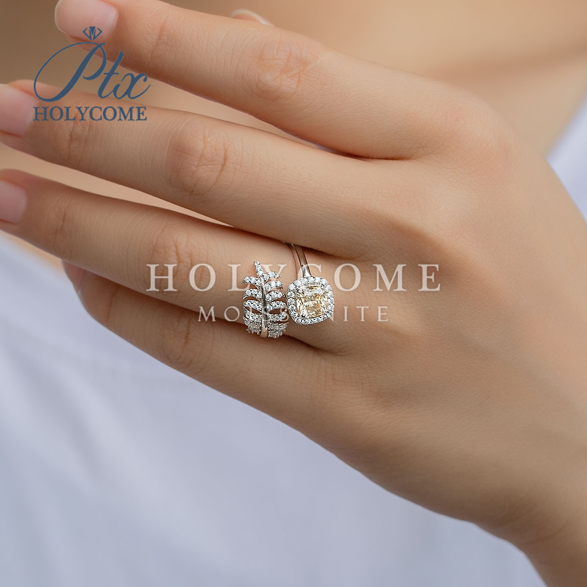 Custom 1CT Champagne Moissanite Finger Rings Jewelry Party Anniversary Feather Shape Gemstone Cushion Diamond 925 Silver Cluster Ring for Women