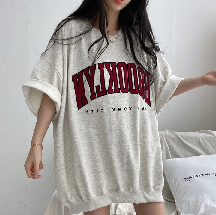Hip Hop Short Sleeve Korea O Neck Oversized Cotton Summer Women Harajuku Letter Print Sweatshirts Gray Vintage Loose Fleece Tops 250604