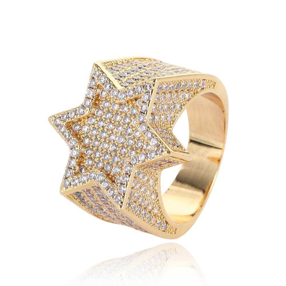 New hip hop micro set Moissanite six pointed star mens ring real gold electroplating personality exaggerated hiphop ring moissanite
