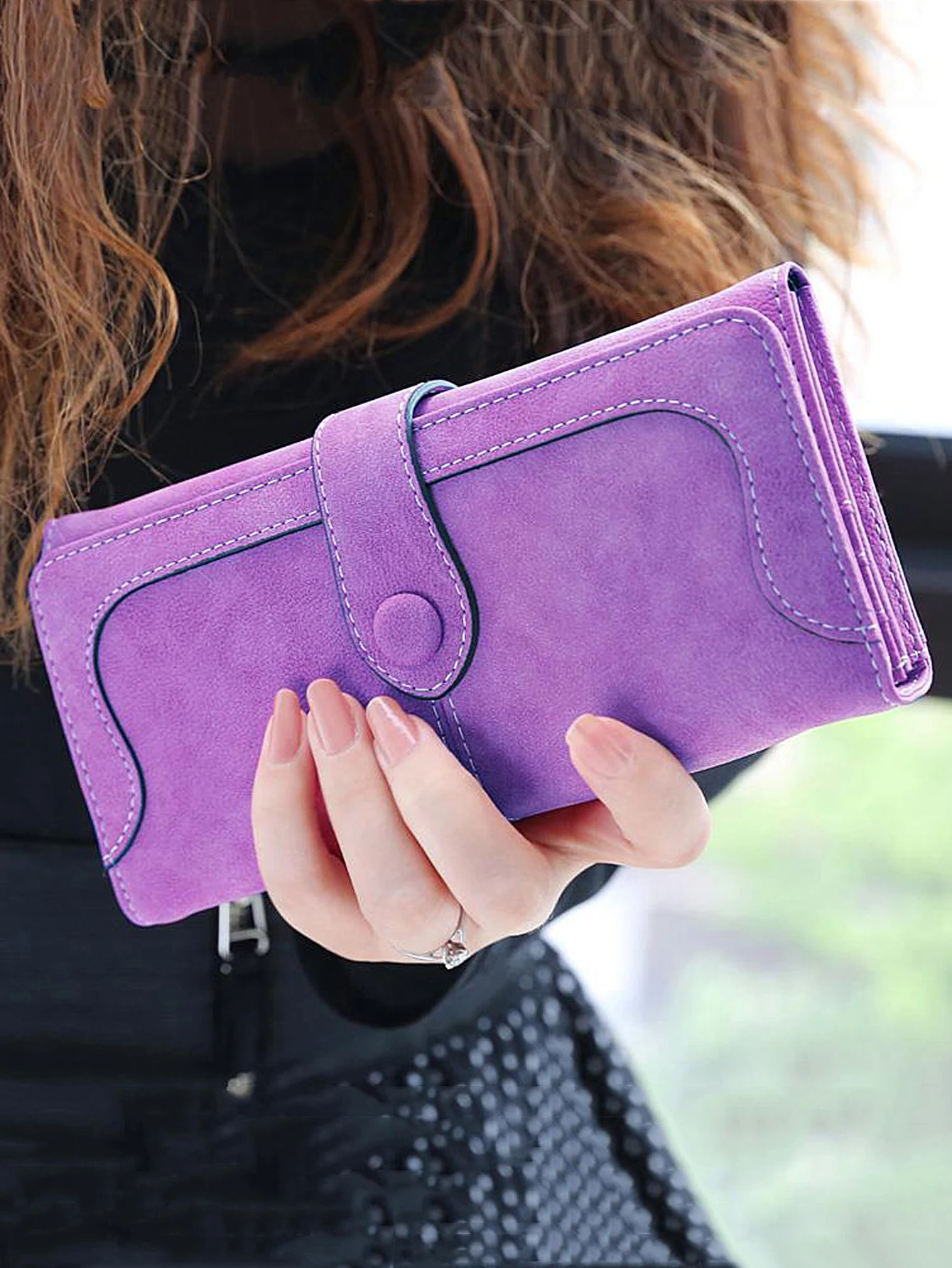 Retro frosted PU leather womens long wallet fashionable double fold zipper buckle large capacity multi card slot handbag 250605