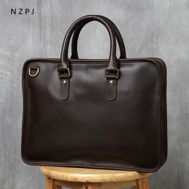 NZPJ Retro Mens Briefcase Leather Laptop Bag Top Layer Cowhide Casual Handbag 14 Inch Business Shoulder Bag Messenger Bag 250603