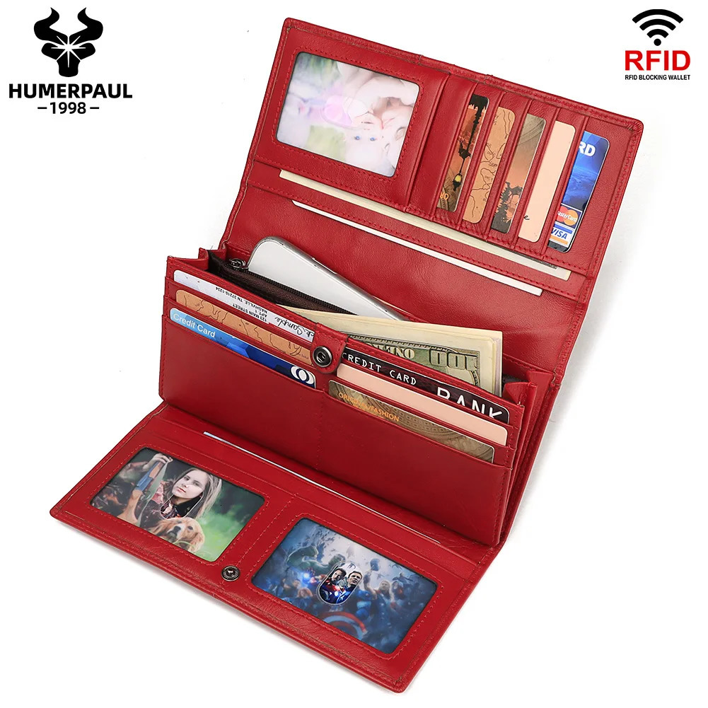 Genuine Leather Wallets Women Long Hasp Rfid Card Holder High Quality Ladies Red Coin Purse With Cellphone Pocket Portfel Damski 250605