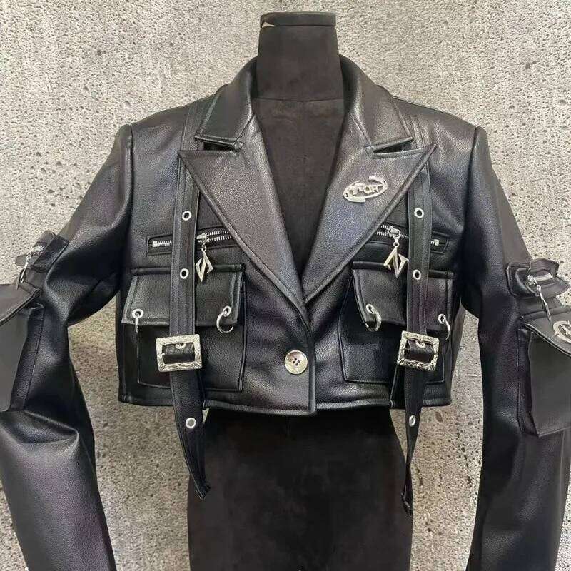 Gmiixder Punk Niche Original Metal Decoration Motorcycle PU Leather Jacket Short Coat Unisex Autumn 2024SS Streetwear