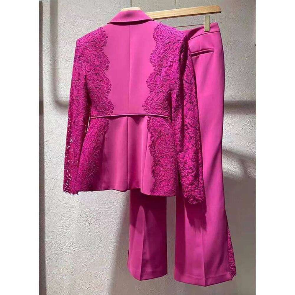HIGH STREET Newest 2024 Runway Designer Suit Women's Lace Patchwork Single Button Blazer Flare Pants Set 2pcs