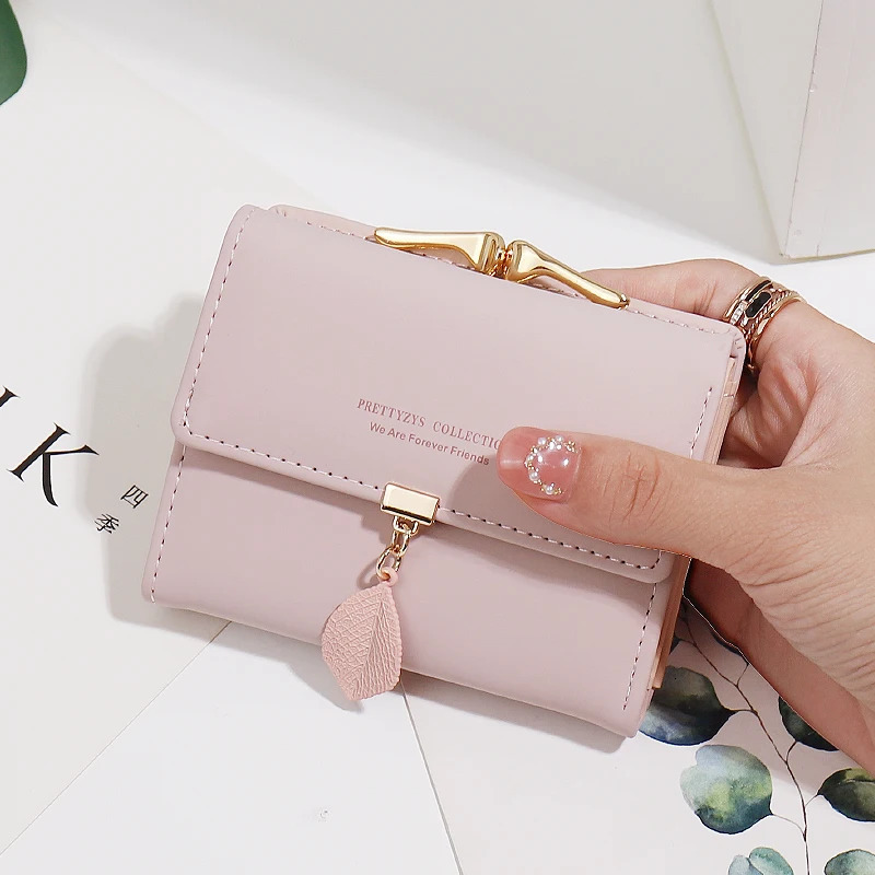 summer Explosionstyle womens short wallet Korean PU leather simple everything with solid color personality leaf pendant b 250605