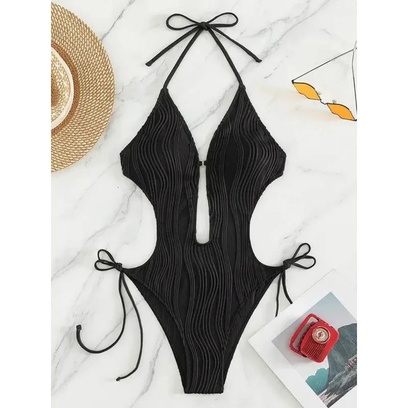Sexy Halter V Neck Ruched Swimwear Women Hollow Out Bandage Backless One Piece Swimsuit Solid High Leg Cut Bathing Suit 250604