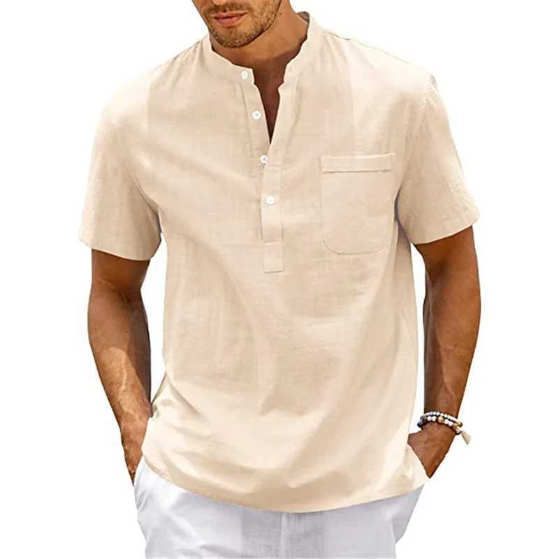 2025 Summer Mens Short Sleeve T-shirt Solid Color Stand Collar Loose Pullover Shirt Thin Soft Comfortable Button T-shirt Top XJ250605