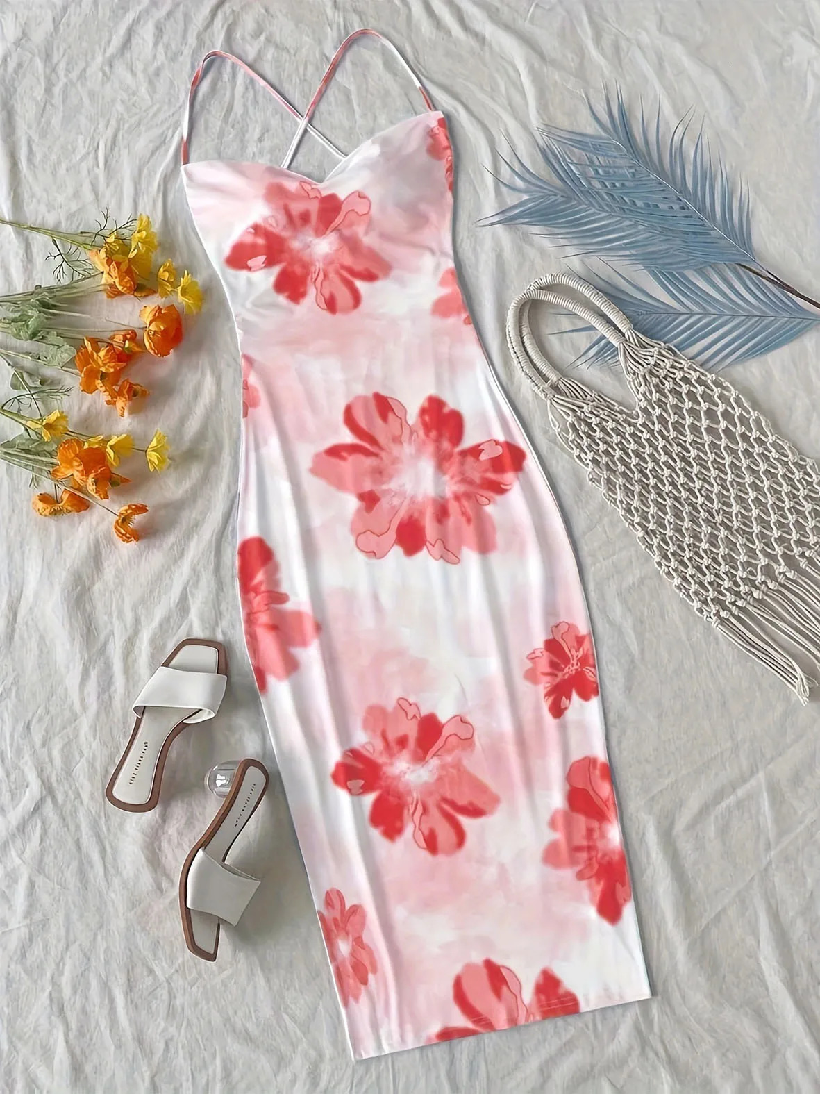 TikTok Viral Boho Dress Large Floral Maxi Surplice Neck Backless Thin Straps Beach Cover Up 250604