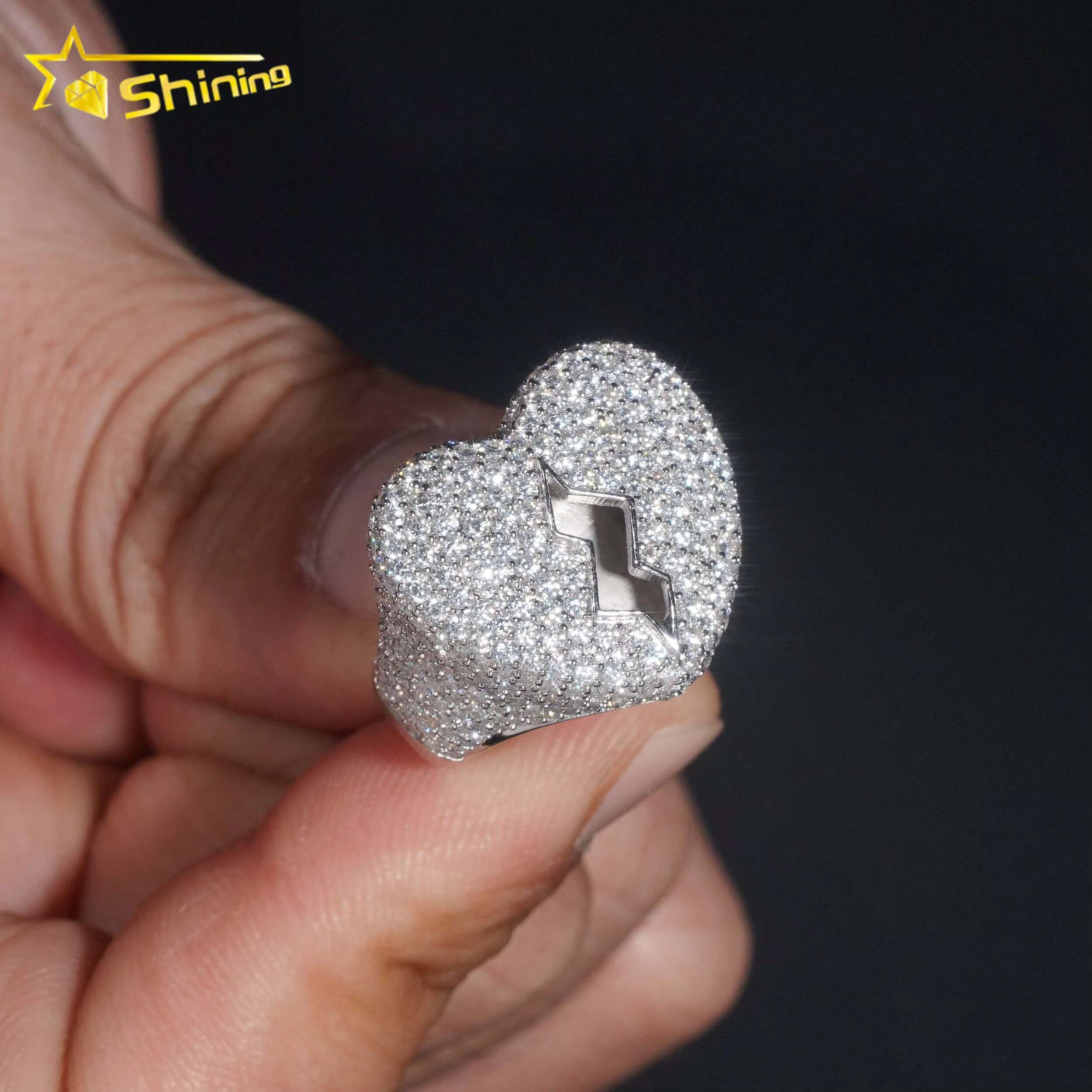 Factory Price GRA Certificate 925 Sterling Silver Gold Plated Fine Jewelry Iced Out Diamond Moissanite Broken Heart Hip Hop Ring