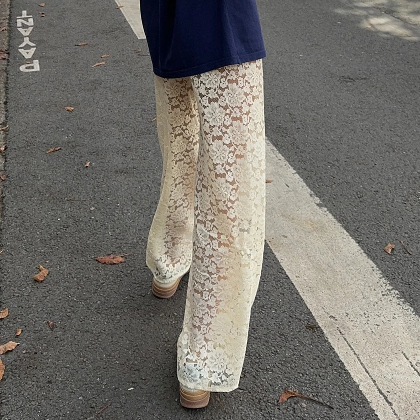 Vintage Women Wide Leg Pants Casual Loose Sheer Lace High Waist Trousers for Work Office Y2K Aesthetic Streetwear 250604