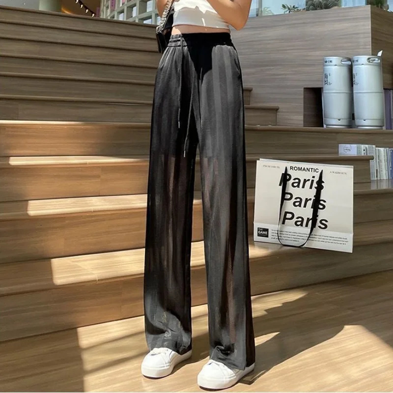 Womens Pants with Slits Clothing White Transparent Straight Leg Trousers for Women Y2k Streetwear Aesthetic Summer Autumn Casual 250604