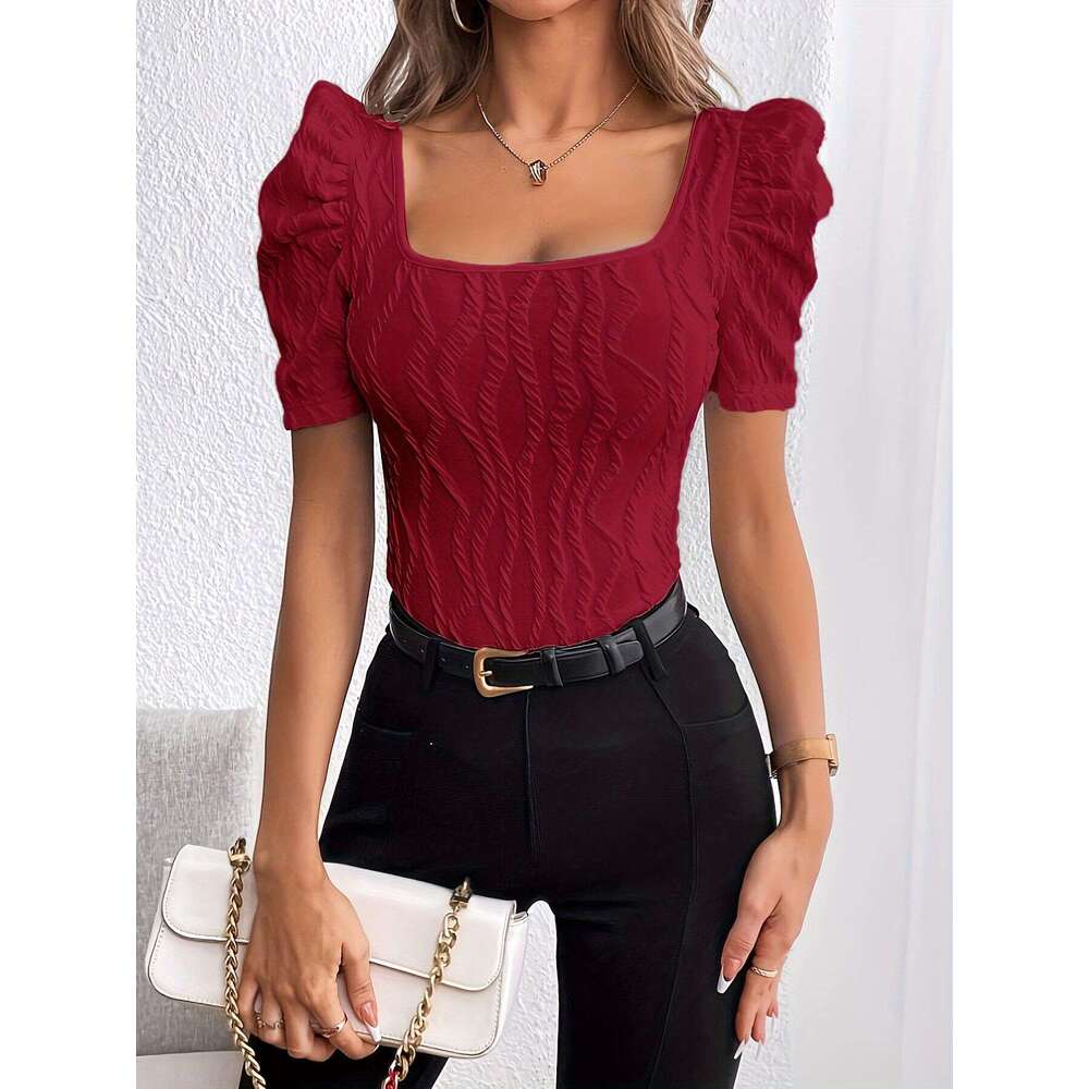 Waist-Cinching Casual Short Textured Leg-Of-Mutton Sleeve T-Shirt B5
