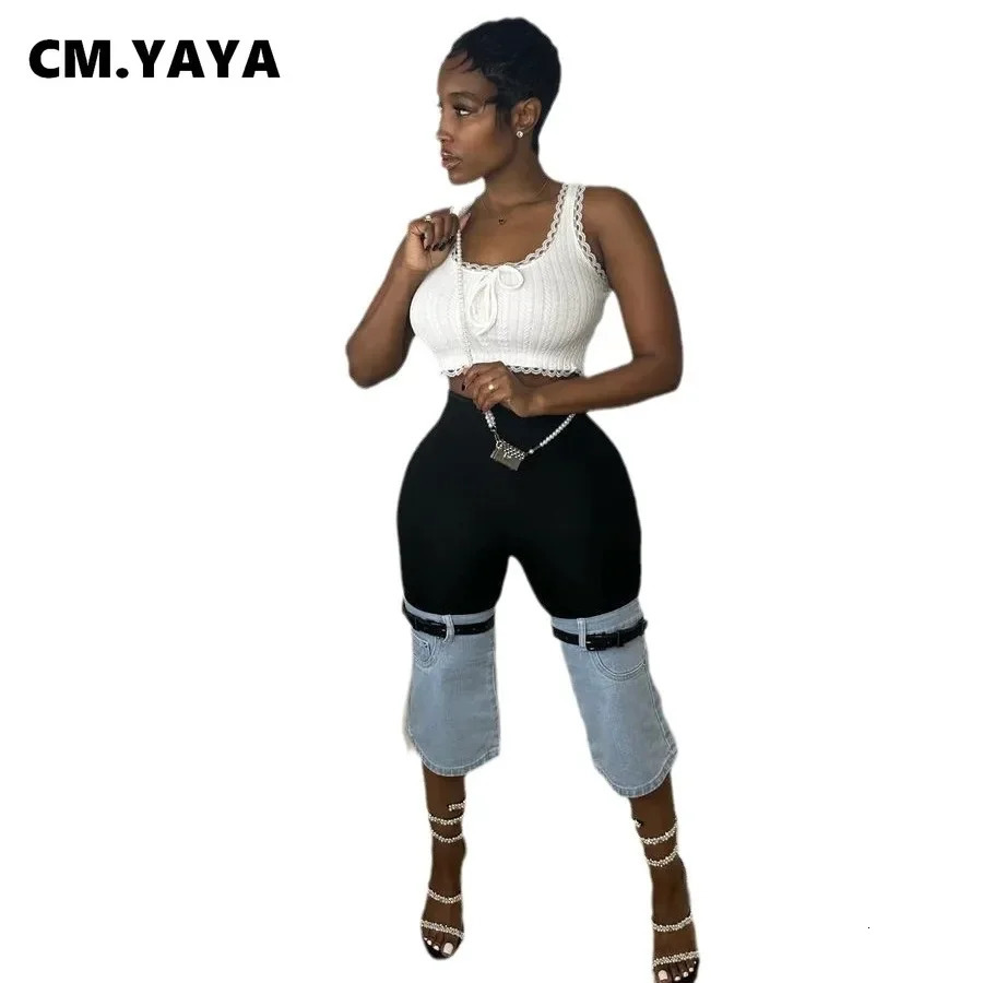 CMYAYA Women Streetwear Ripped Jeans Summer Patchwork Chic INS High Waist Fly CalfLength Knee Length Denim Pants 250604