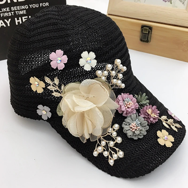 Womens Summer Rose Baseball Cap Fashion Rhinestone Pearl Cap Ladies Casual Breathable Visor Cap 250603