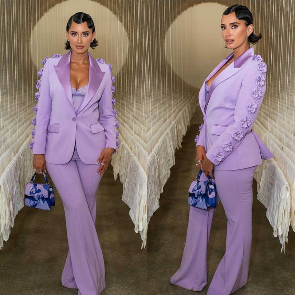 3D Flowers Purple Women Blazer Sets 2 Pieces Ladies Formal Wear Prom Birthday Party Customized Long Jacket Outfits
