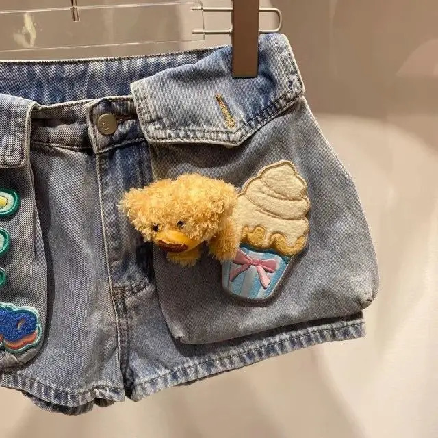 Nicemix 3D Teddy Bear Patch n Slim Fit Denim Shorts for Women Summer Stylish High Waist Loose Casual Jeans Women 250604