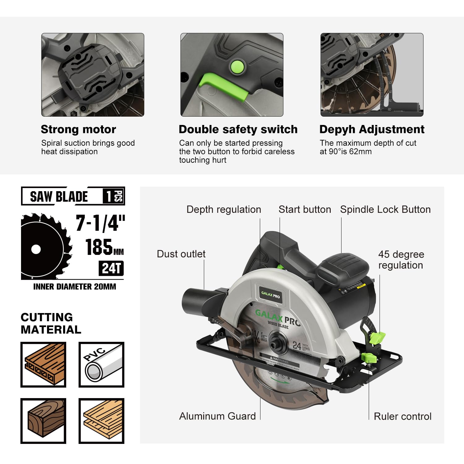GALAX PRO 1400W Circular Saws, Max 6000 RPM Pure Copper Motor Electric Saws, Adjustable Cutting Depth and Angle: 62mm(90 °)-48mm(45 °) Dust Collection