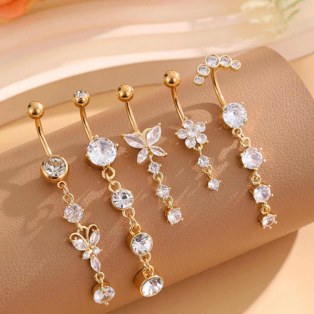 Butterfly Heart-shaped Belly Button Ring Sets Stainless Steel CZ Belly Rings Piercing Ombligo 14G Pink Zircon Navel Piercings 250530