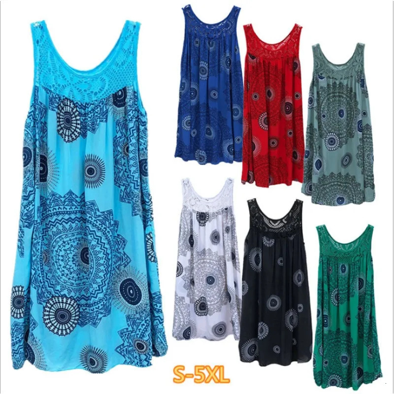 Womens clothing summer sleeveless camisole dress lace print large swing loose sexy long skirt plus size 250604