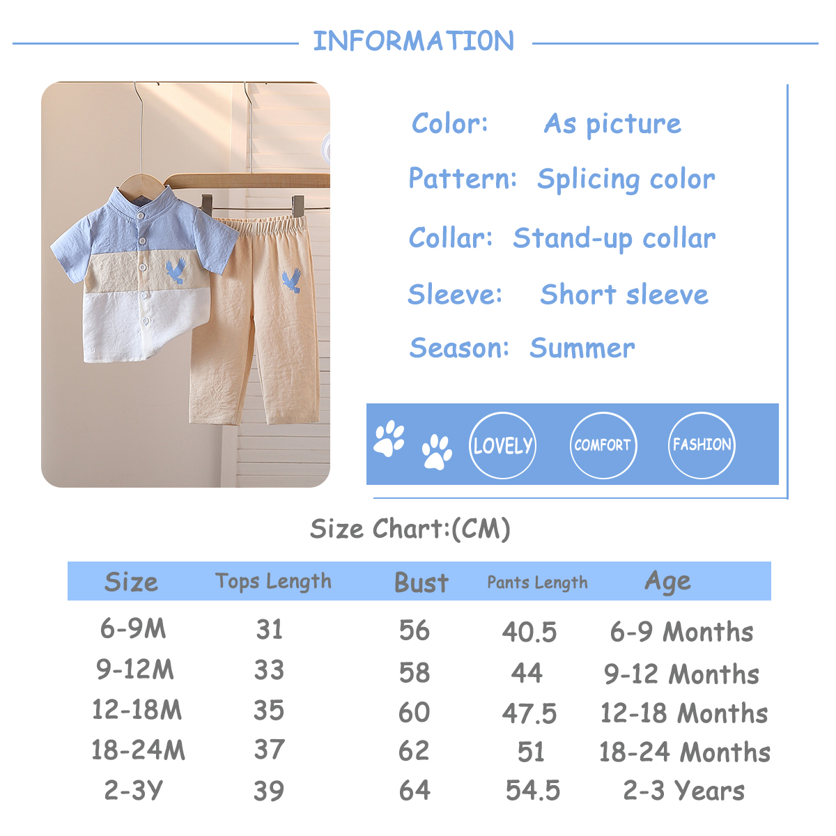 2-piece summer baby boy casual patchwork stand up collar printed full open short sleeved shirt and printed pants, suitable for Ramadan holiday, daily 