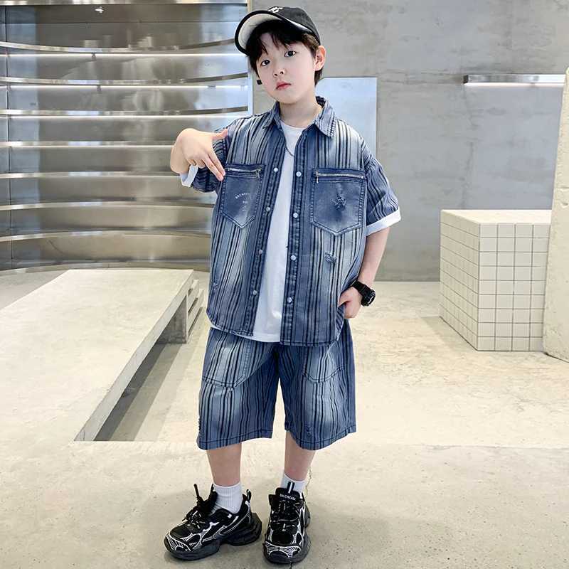 New Summer Kids Boy Clothing Set for Tweens Child Vertical Stripe Denim Shirt Shorts Cotton Two Pieces Clothes Suit For Teenager R250605